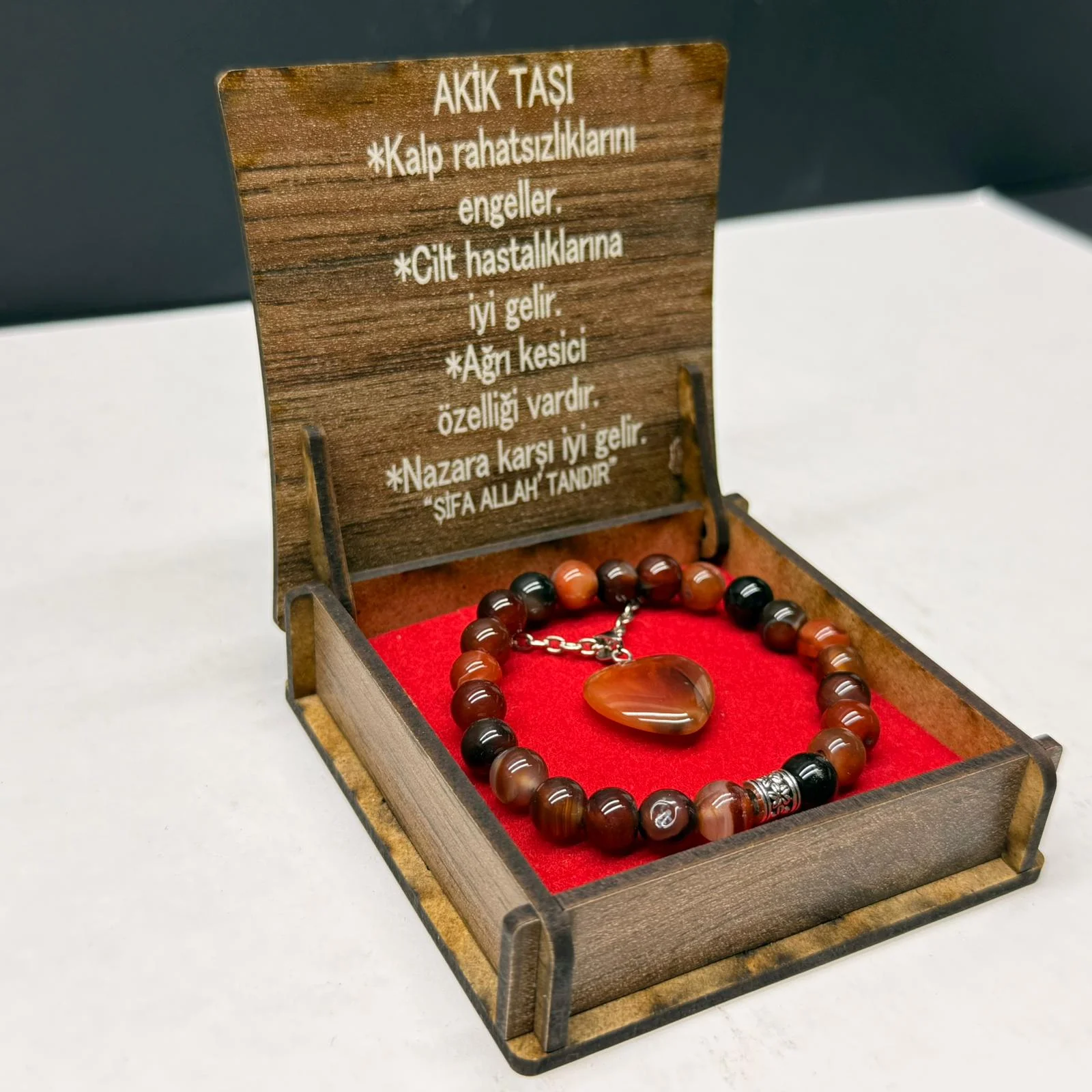 Özel Ahşap Kutulu Kahverengi Siyah Akik Taşı Bileklik Kolye Seti