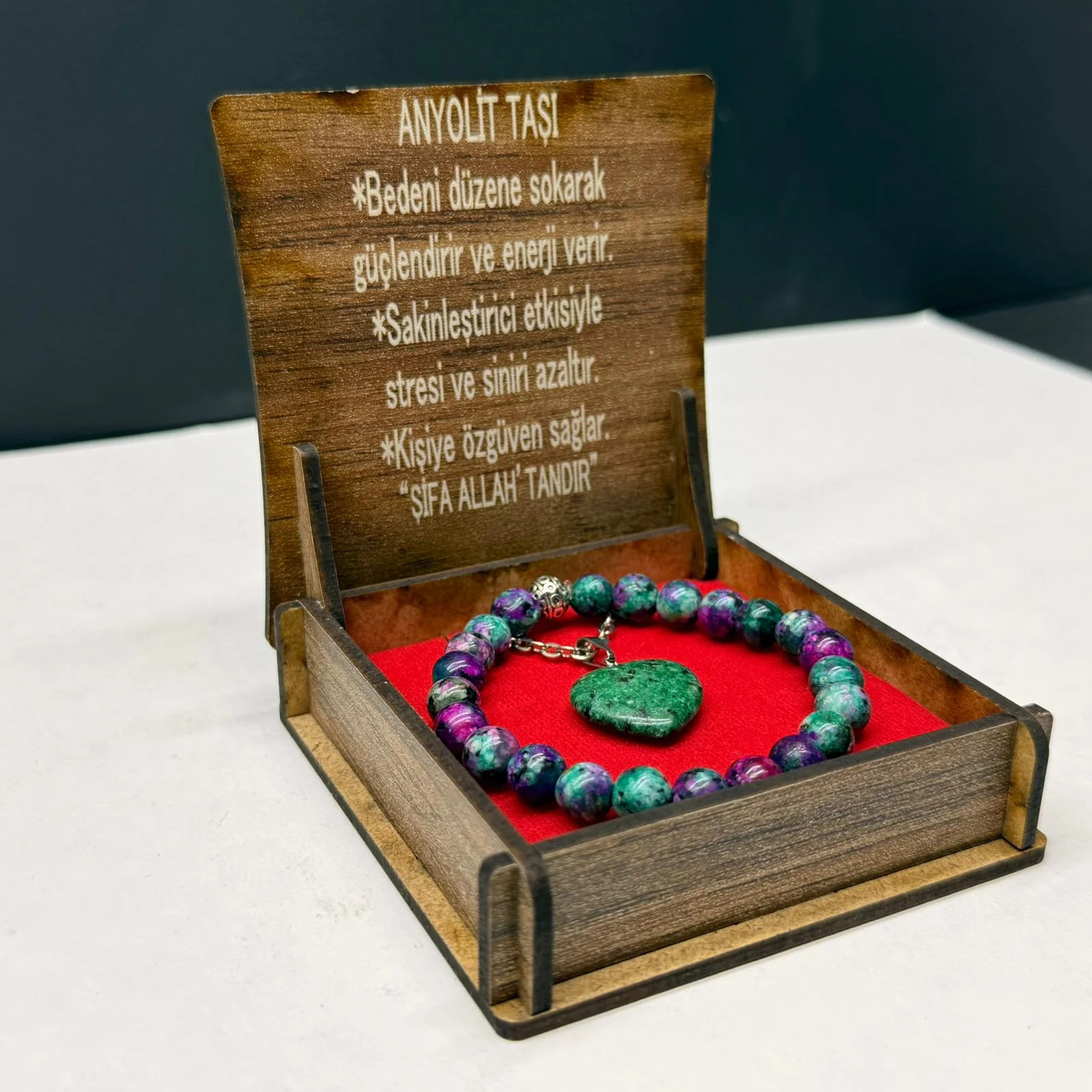 Özel Ahşap Kutulu Anyolit Taşı Bileklik Kolye Seti