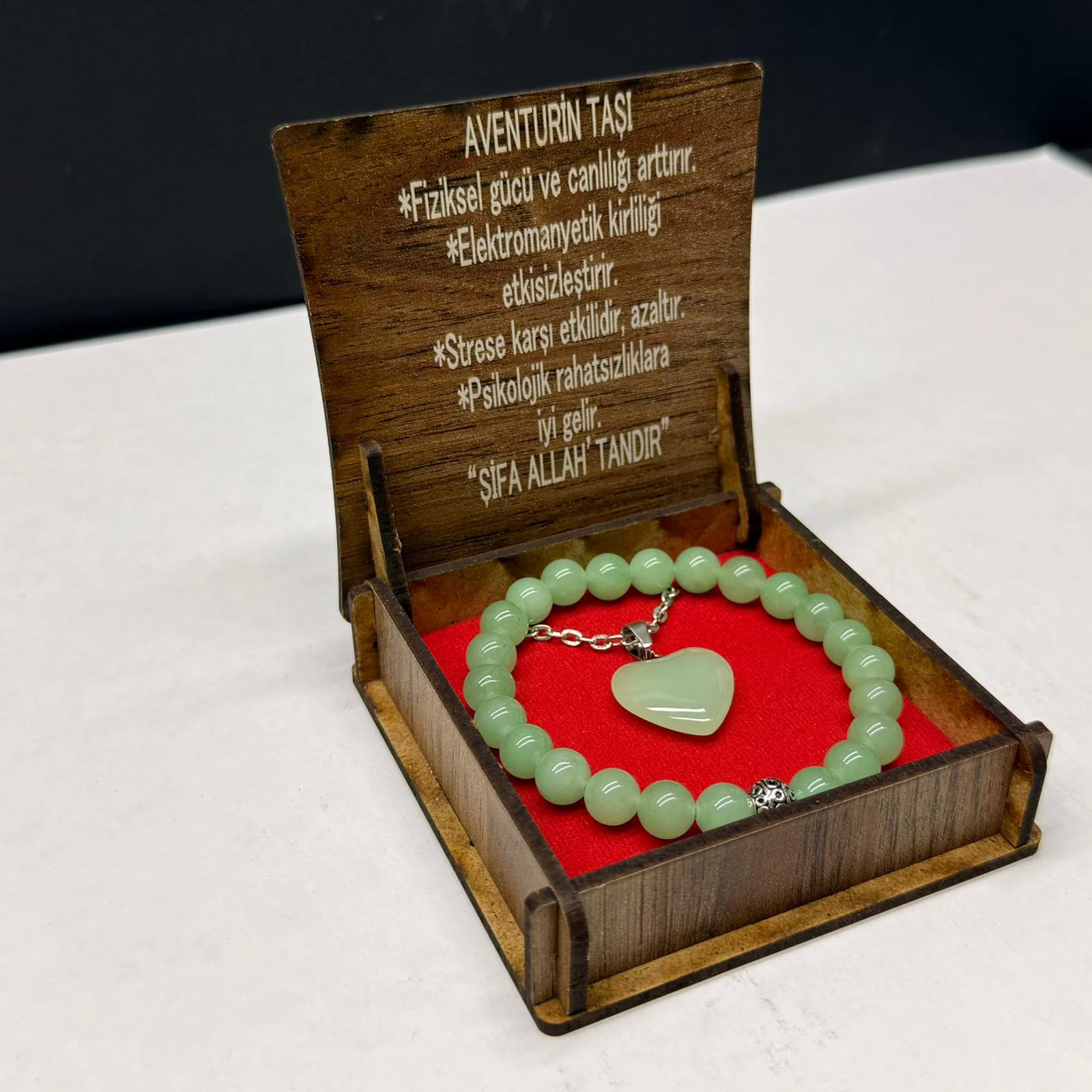 Özel Ahşap Kutulu Aventurin Taşı Bileklik Kolye Seti