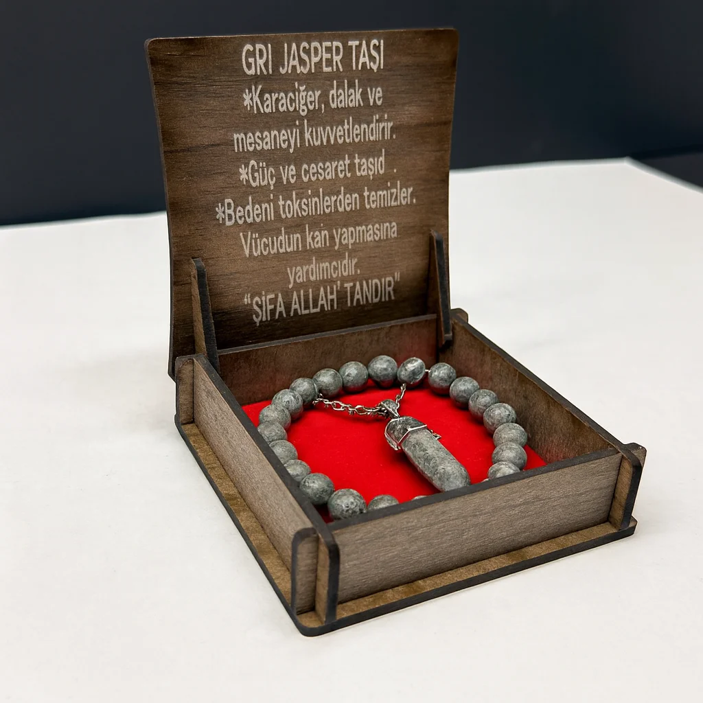 Özel Ahşap Kutulu Gri Jasper Taşı Bileklik Kolye Seti