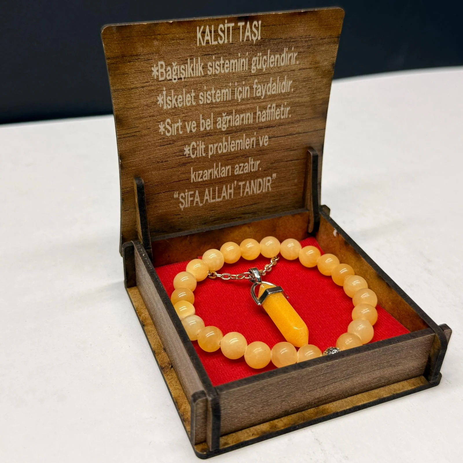 Özel Ahşap Kutulu Kalsit Taşı Bileklik Kolye Seti