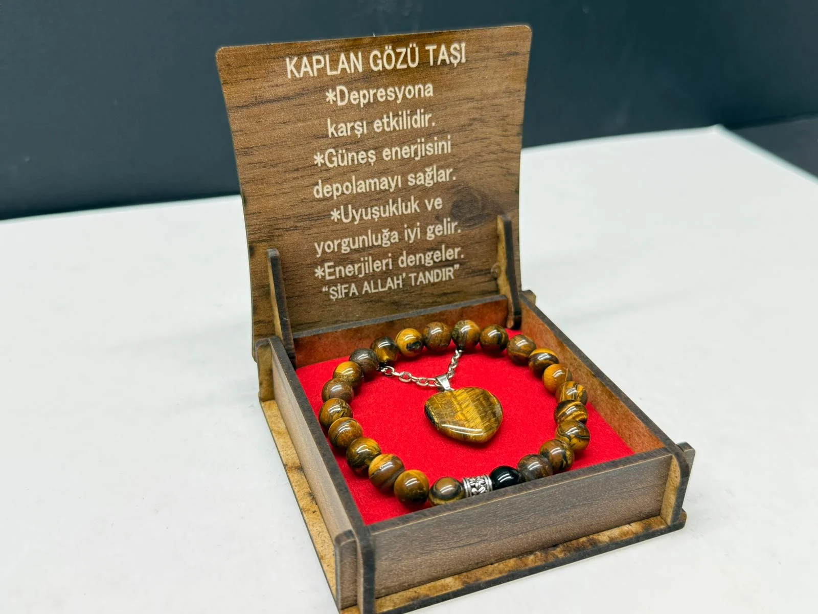 Özel Ahşap Kutulu Kaplan Gözü Taşı Bileklik Kolye Seti