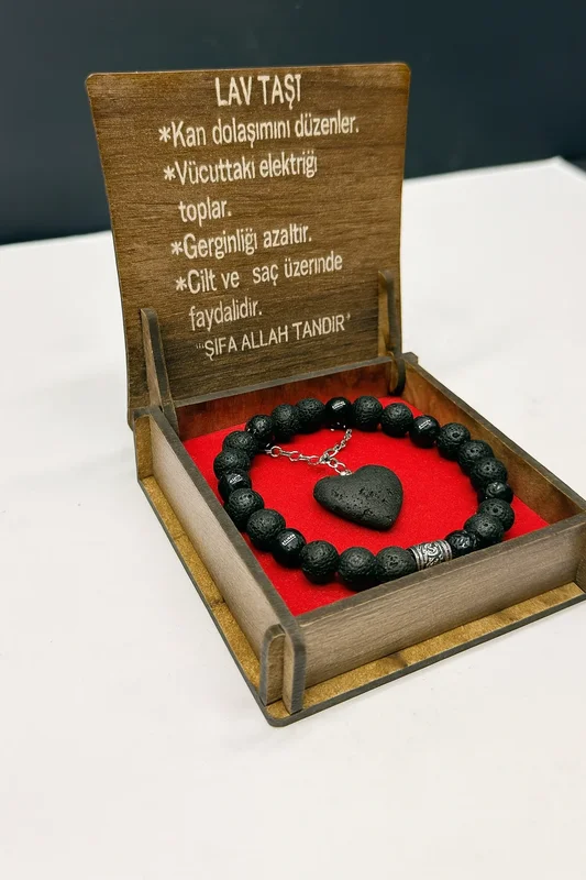 Özel Ahşap Kutulu Lav Taşı Bileklik Kolye Seti