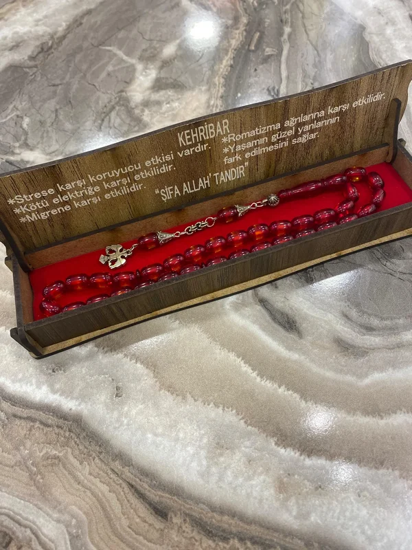 Özel Ahşap Kutulu Kırmızı Kehribar Tesbih