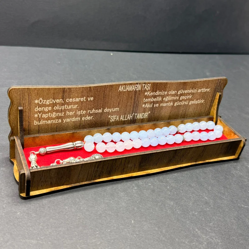 Özel Ahşap Kutulu 33’lü Akuamarin Taşı Tesbih
