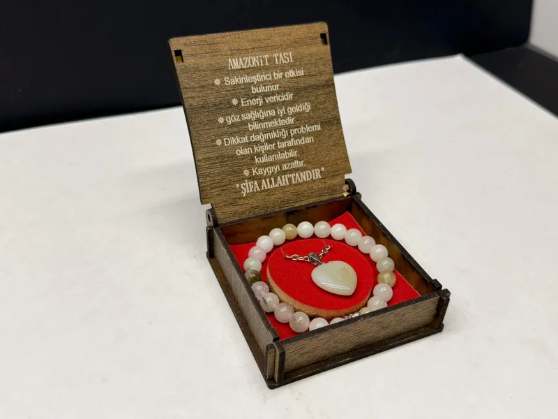 Özel Ahşap Kutulu Amazonit Taşı Bileklik Kolye Seti
