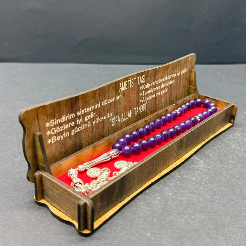 Özel Ahşap Kutulu 33’lü Ametist Taşı Tesbih