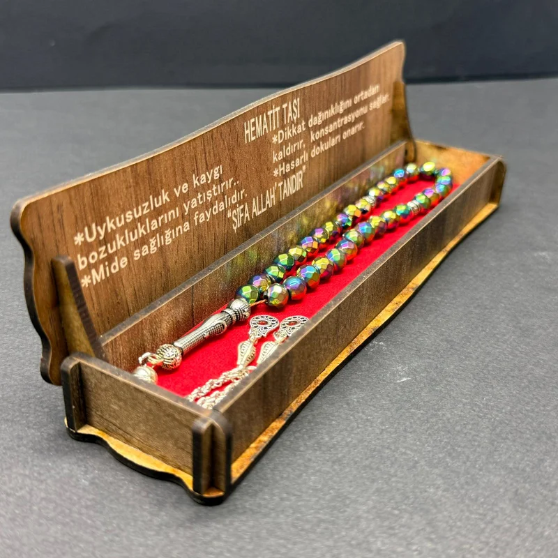 Özel Ahşap Kutulu 33’lü Gökkuşağı Hematit Taşı Tesbih