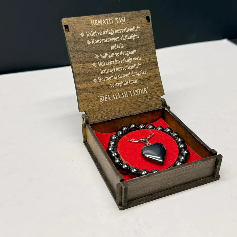 Özel Ahşap Kutulu Hematit Taşı Bileklik Kolye Seti