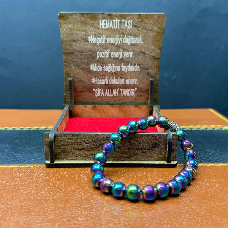 Özel Ahşap Kutulu Gökkuşağı Renk Hematit Taşı Bileklik – Küre Kesim 8MM
