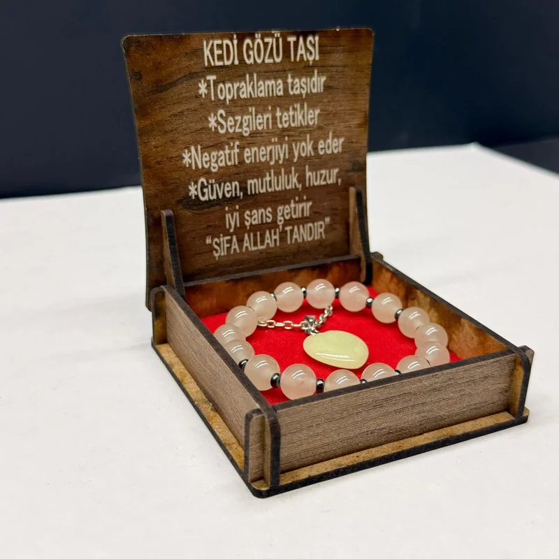 Özel Ahşap Kutulu Kedi Gözü Taşı Bileklik Kolye Seti