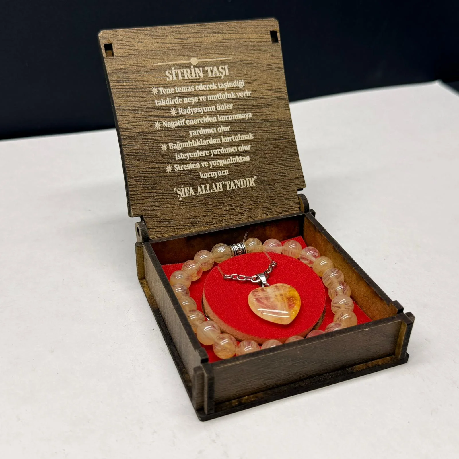 Özel Ahşap Kutulu Sitrin Taşı Bileklik Kolye Seti