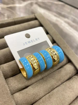 Altın Renk Mavi Enamel Kalın Halka Küpe