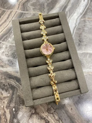 Gold Yaprak Detaylı Taşlı Pembe Kadran Kadın Saat