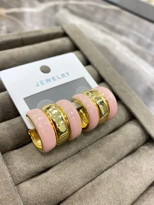 Altın Renk Pembe Enamel Kalın Halka Küpe