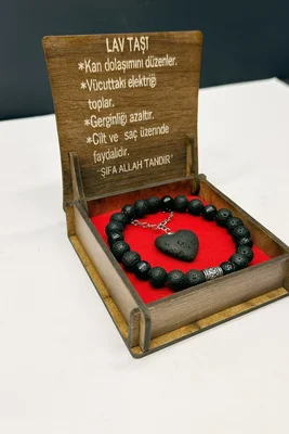Özel Ahşap Kutulu Lav Taşı Bileklik Kolye Seti