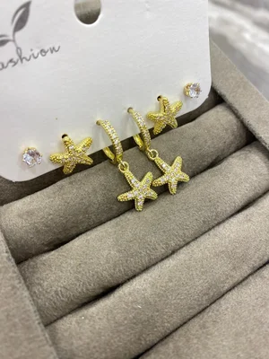 Altın Renk Taşlı Deniz Yıldızı Küpe Seti (3’lü)