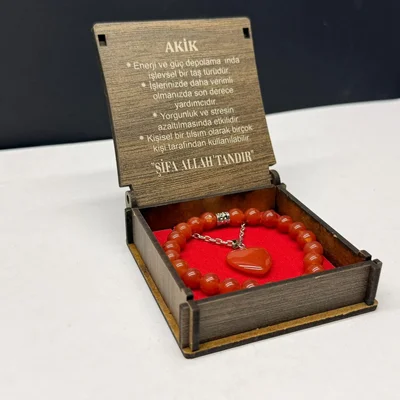 Özel Ahşap Kutulu Kırmızı Akik Taşı Bileklik Kolye Seti