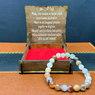 Özel Ahşap Kutulu Amazonit Taşı Bileklik – Küre Kesim 8MM