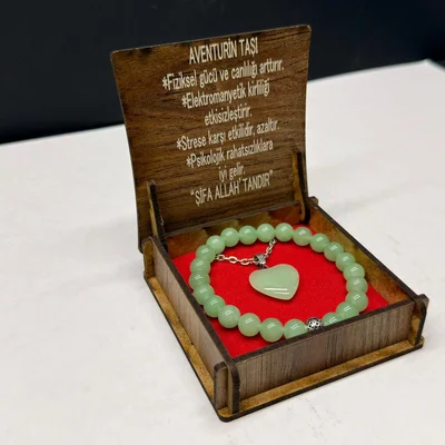 Özel Ahşap Kutulu Aventurin Taşı Bileklik Kolye Seti