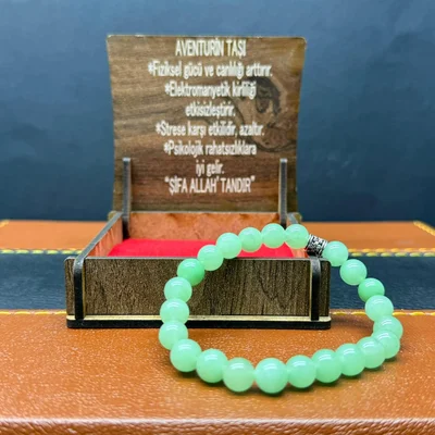 Özel Ahşap Kutulu Aventurin Taşı Bileklik – Küre Kesim 8MM