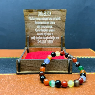 Özel Ahşap Kutulu Çakra Taşı Bileklik – Küre Kesim 8MM