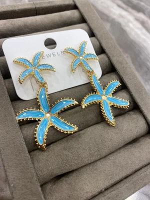 Altın Renk Mavi Enamel Yıldız Balığı Küpe