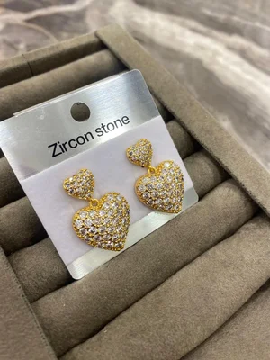 Zirkon Taşlı Çift Kalp Altın Renk Sallantı Küpe