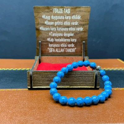 Özel Ahşap Kutulu Firuze Taşı Bileklik – Küre Kesim 8MM