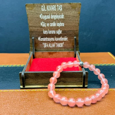 Özel Ahşap Kutulu Gül Kuvars Taşı Bileklik – Küre Kesim 8MM