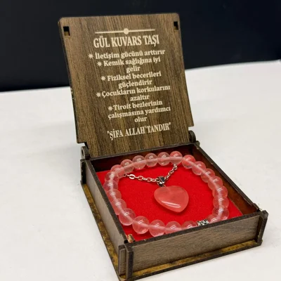 Özel Ahşap Kutulu Gül Kuvars Taşı Bileklik Kolye Seti