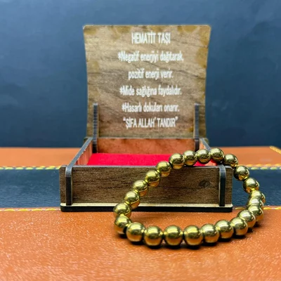 Özel Ahşap Kutulu Gold Renk Hematit Taşı Bileklik – Küre Kesim 8MM