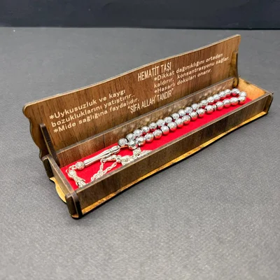 Özel Ahşap Kutulu 33’lü Gümüş Hematit Taşı Tesbih