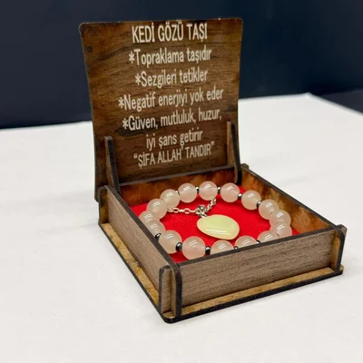Özel Ahşap Kutulu Kedi Gözü Taşı Bileklik Kolye Seti