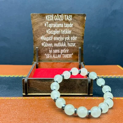 Özel Ahşap Kutulu Kedi Gözü Taşı Bileklik – Küre Kesim 8MM