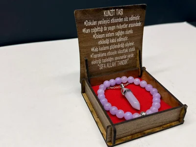 Özel Ahşap Kutulu Kunzit Taşı Bileklik Kolye Seti