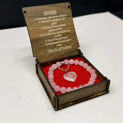 Özel Ahşap Kutulu Pembe Kuvars Taşı Bileklik Kolye Seti