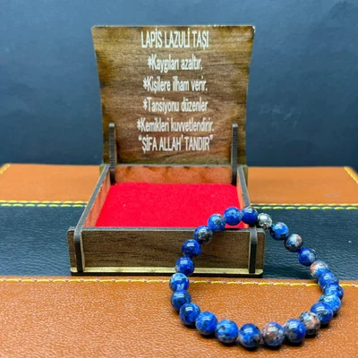Özel Ahşap Kutulu Lapis Lazuli Taşı Bileklik – Küre Kesim 8MM