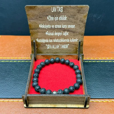 Özel Ahşap Kutulu Lav Taşı Bileklik – Küre Kesim 8MM