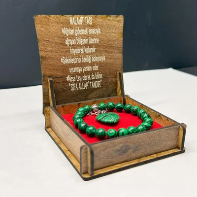 Özel Ahşap Kutulu Malahit Taşı Bileklik Kolye Seti