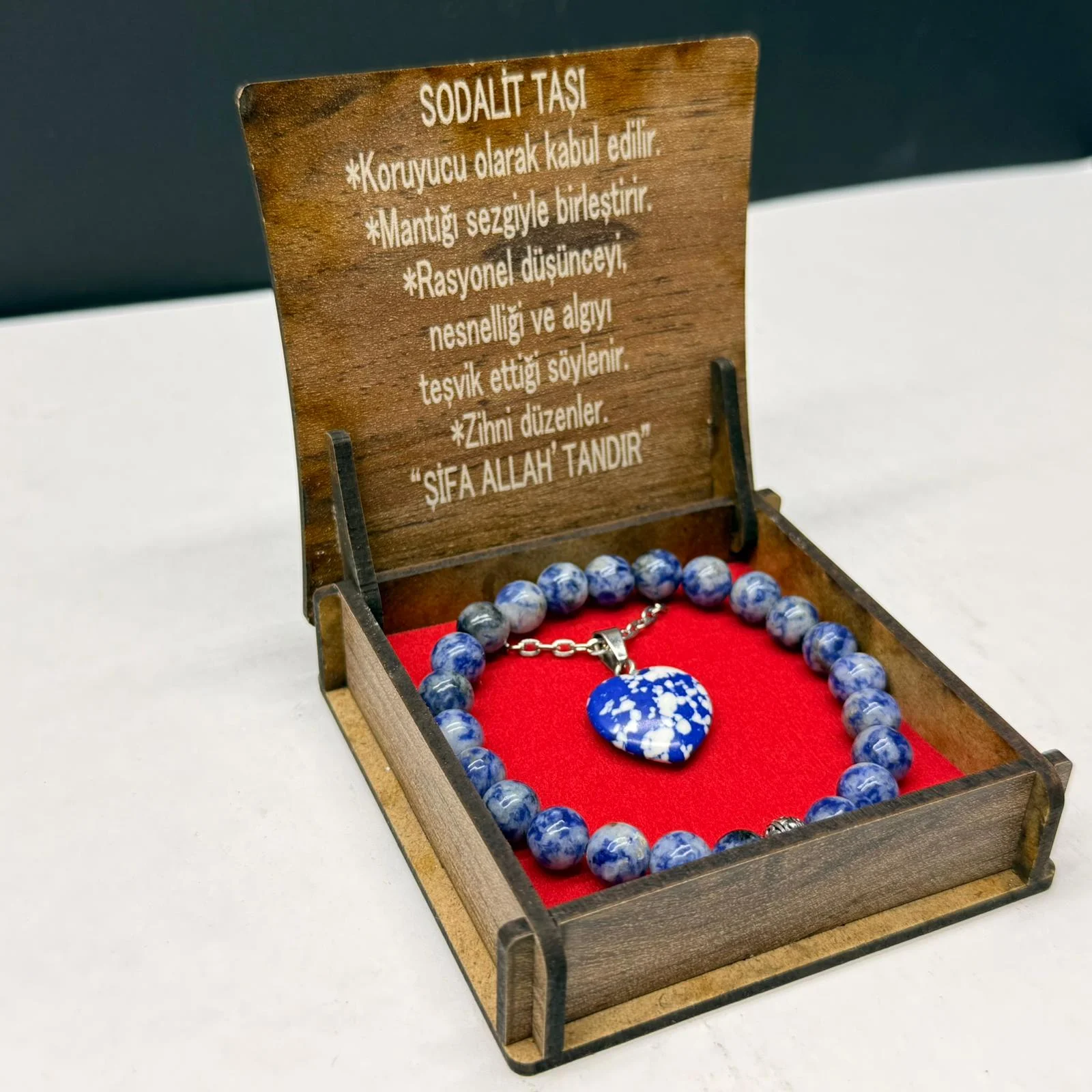 Özel Ahşap Kutulu Sodalit Taşı Bileklik Kolye Seti